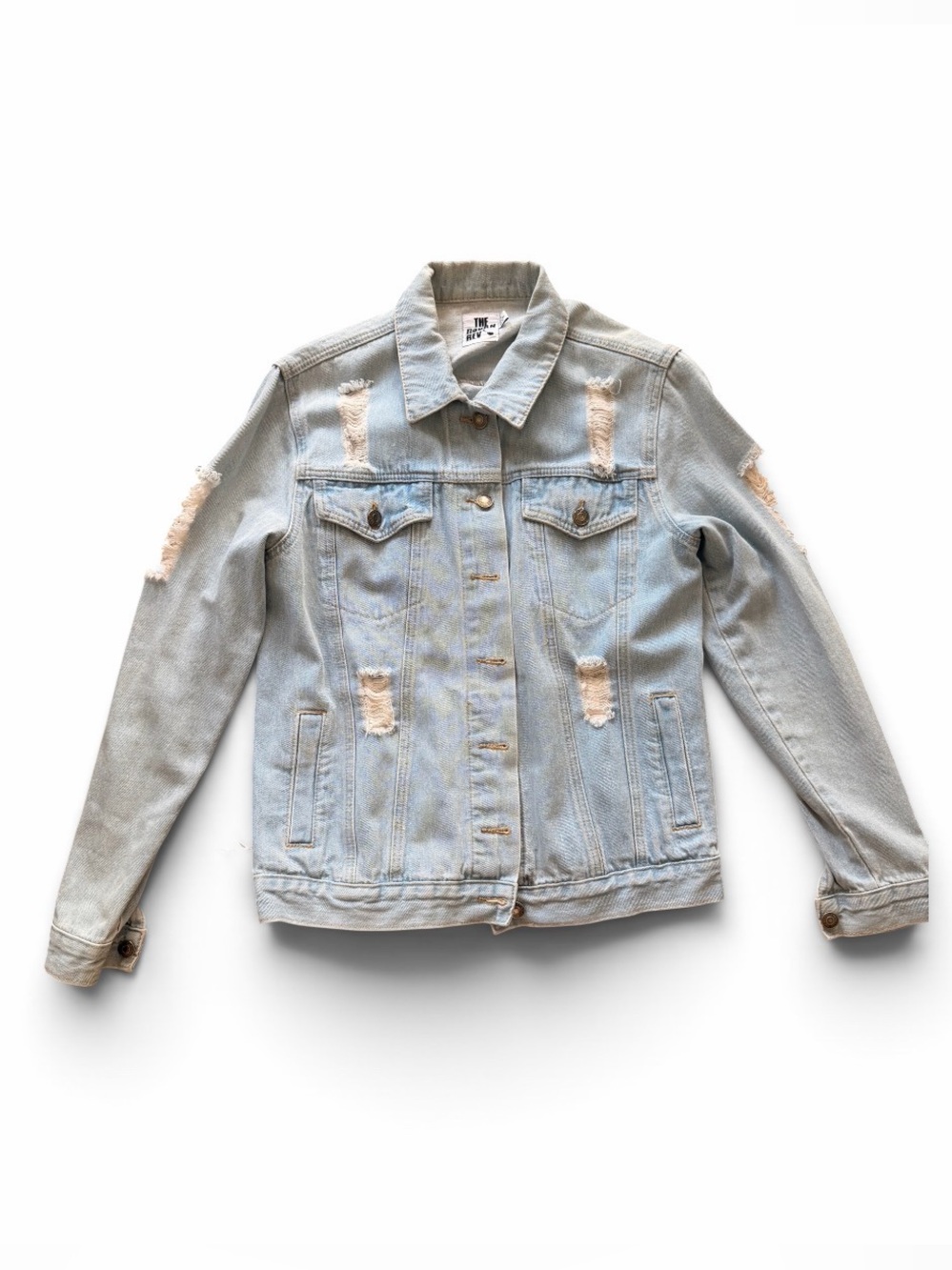 Light Wash extremely Distressed back Jean Jacket for Women size 4